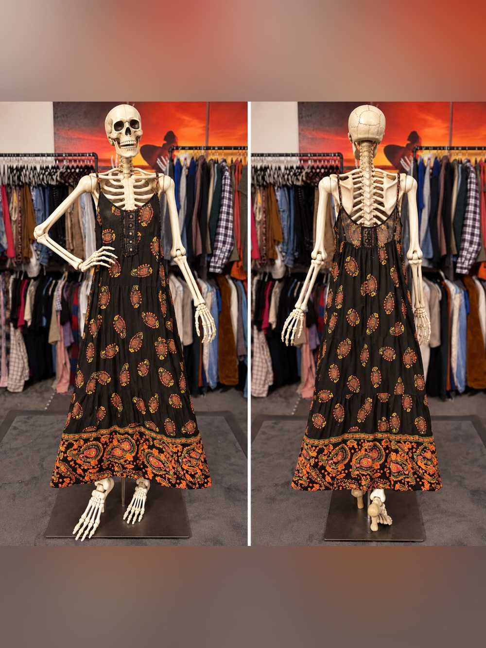 Band of Gypsies Black Maxi Dress with Orange Paisley Hem and Print